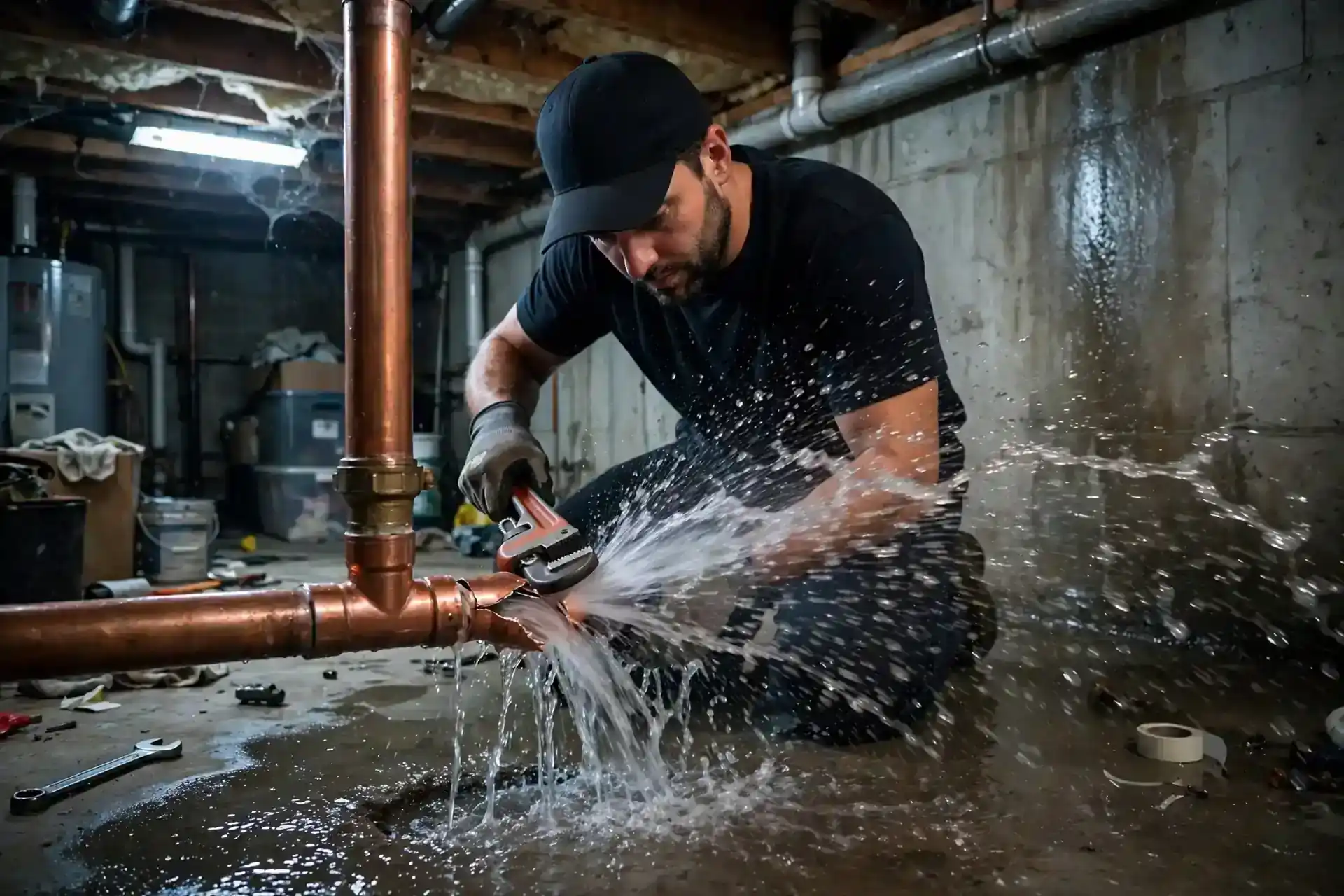 Burst pipe repair: technician stopping a leaking pipe