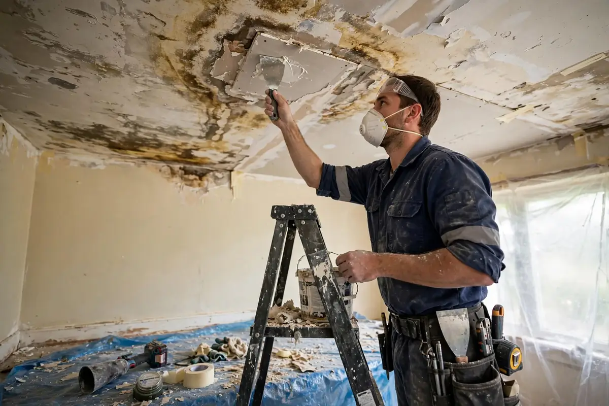 Ceiling water damage: technician inspecting a stained ceiling