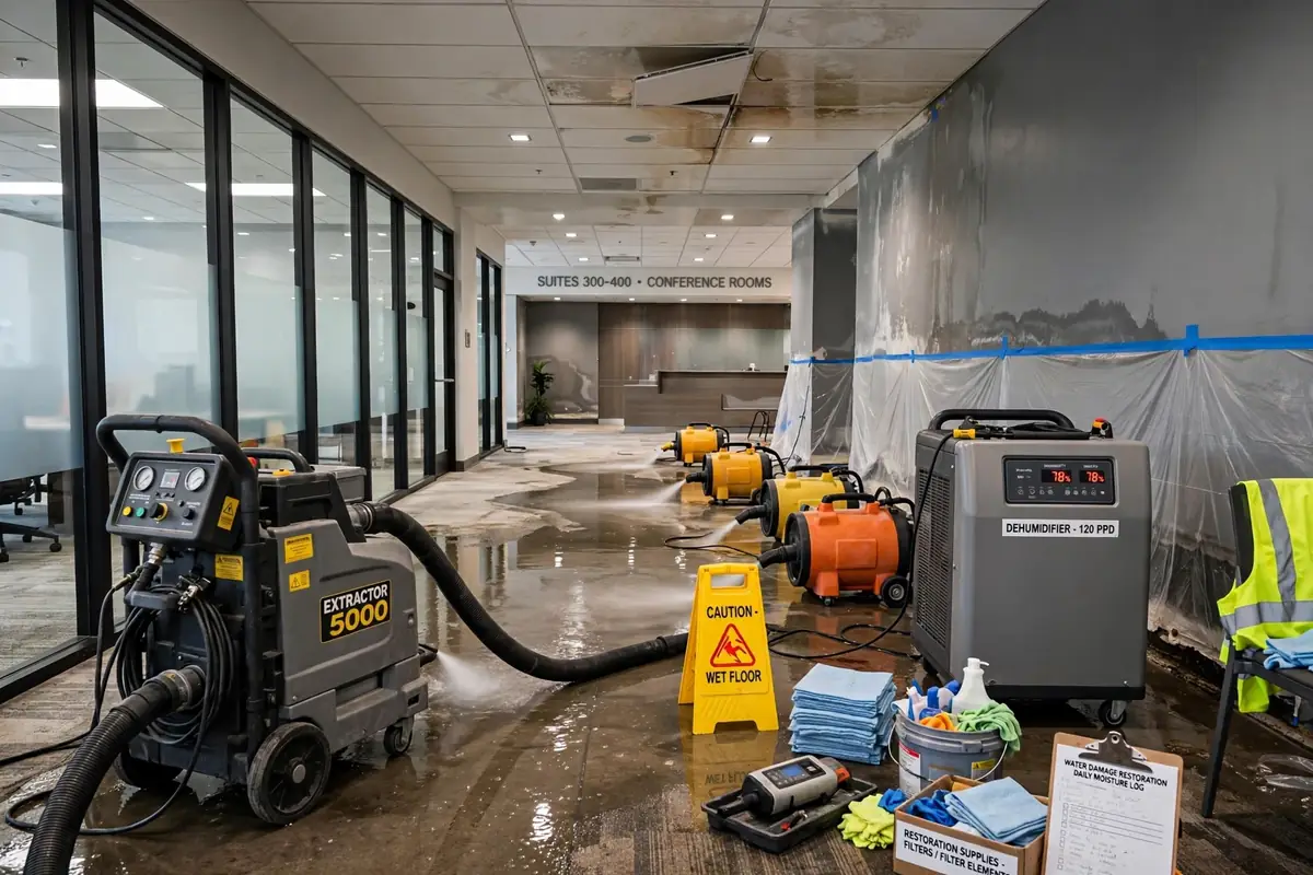 Commercial water damage drying equipment in an office