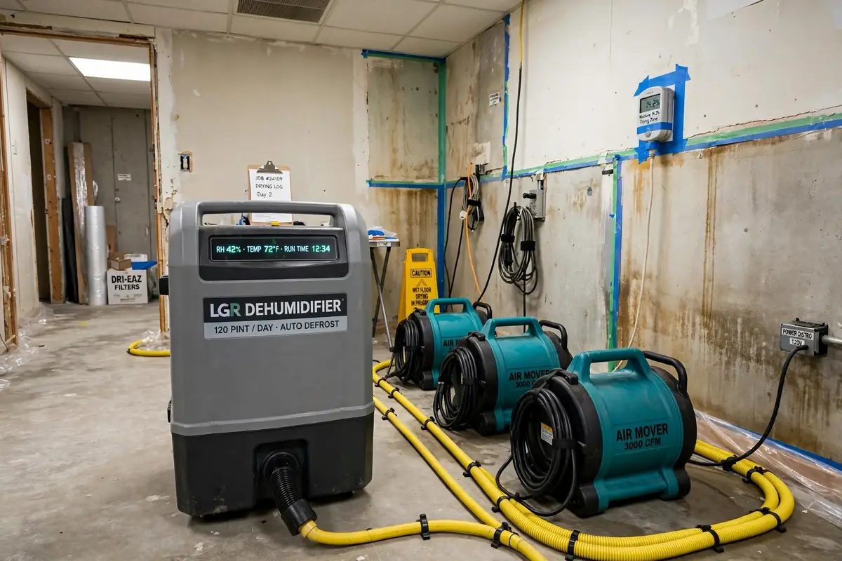 Dehumidification and air movers drying a water-damaged room