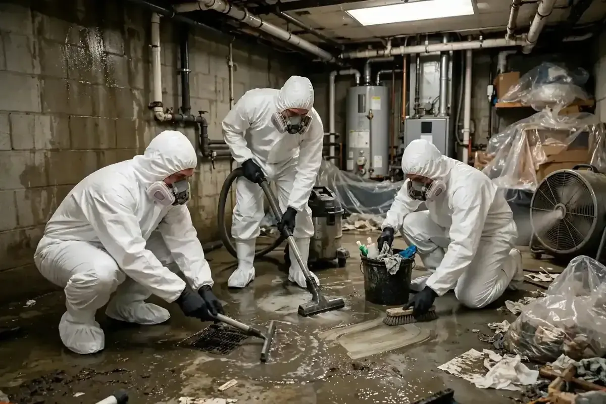 Sewage backup cleanup technicians in protective suits