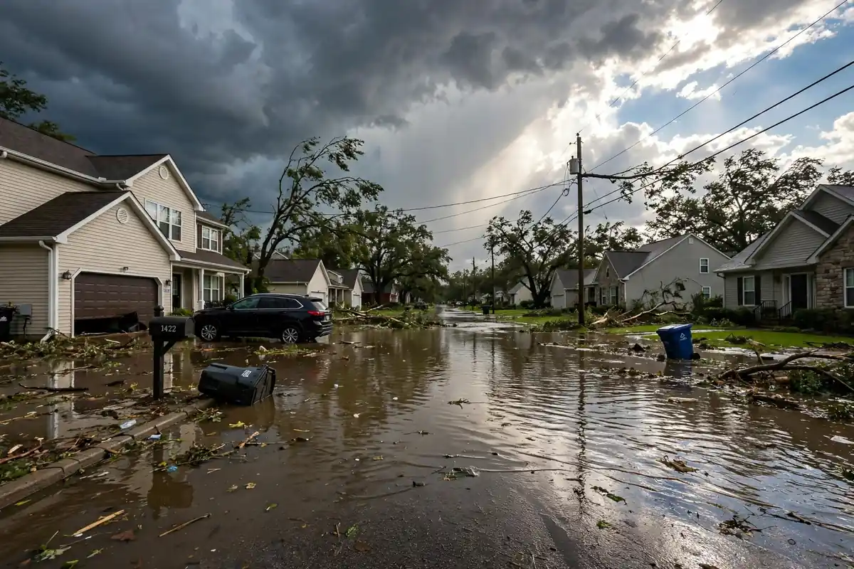 Storm damage: flooded residential street after a severe storm