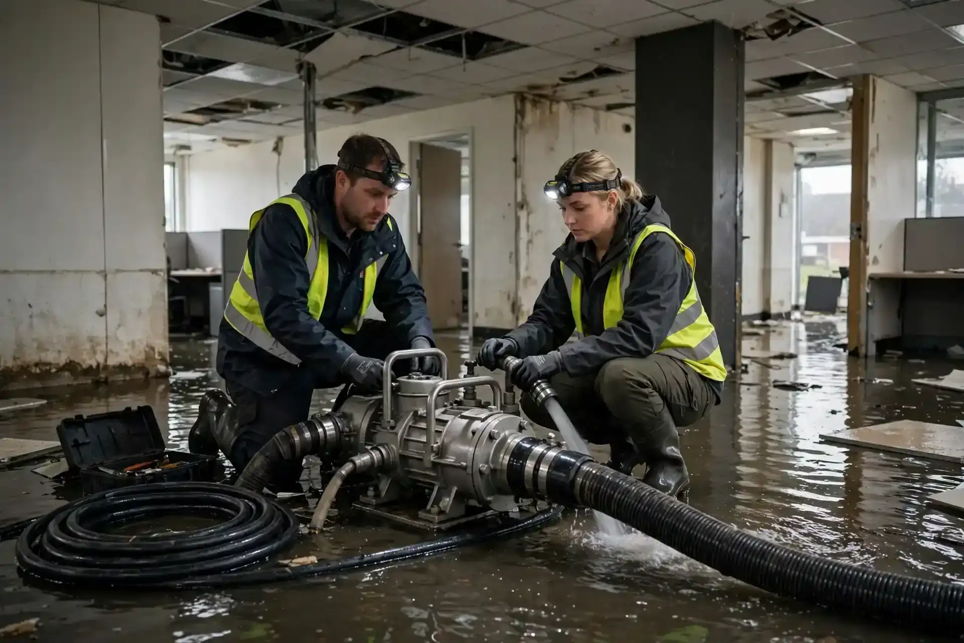 Water damage restoration technicians running a pump in a flooded room