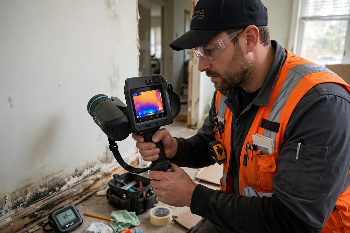Water damage restoration technician using a thermal camera to find hidden moisture