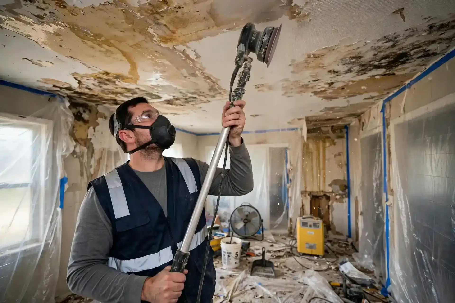 Clearing, Chicago water damage restoration: technician sanding a repaired ceiling