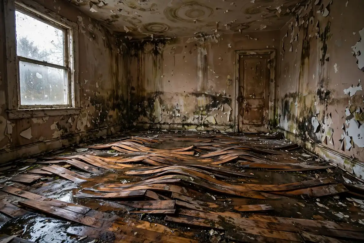 Oak Park water damage restoration: room with buckled flooring after water damage