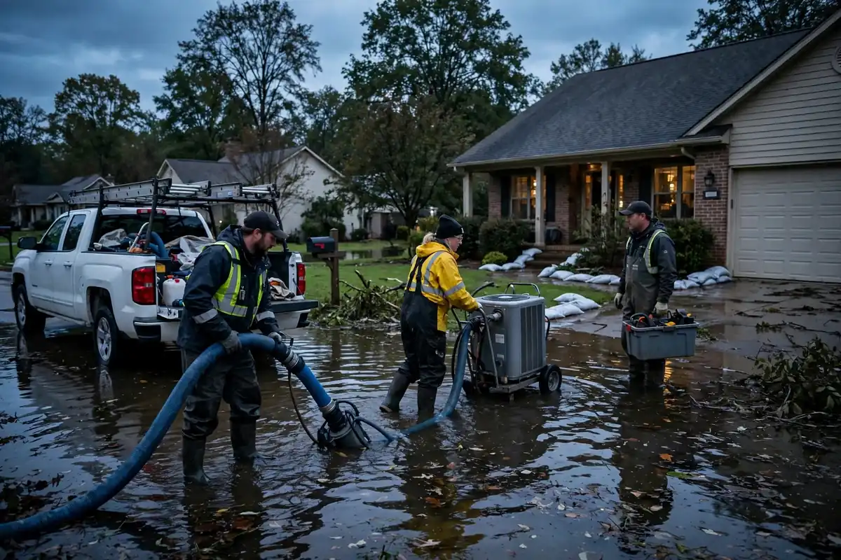 Warrenville water damage restoration: crew pumping floodwater away from a home