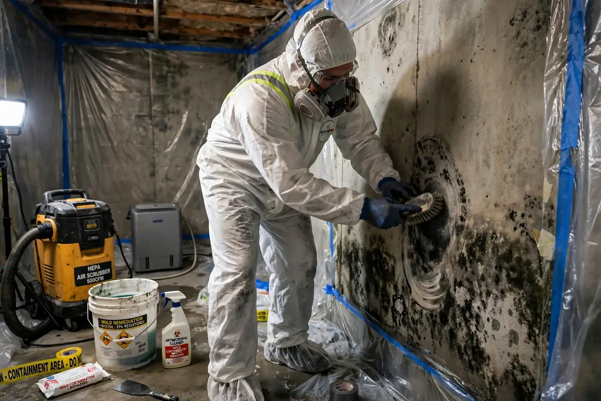 Riverside water damage restoration: technician in protective gear removing mold
