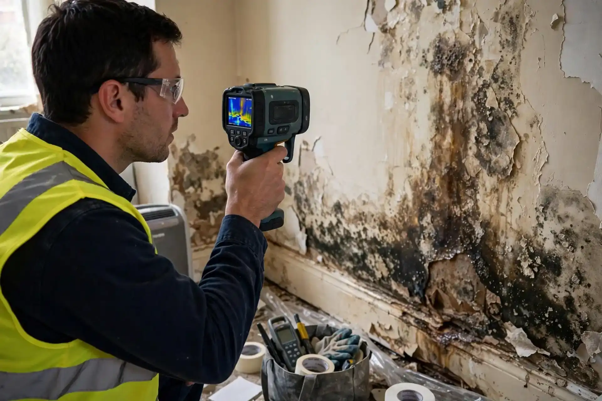 Chicago water damage restoration: technician scanning a moldy wall with a thermal camera