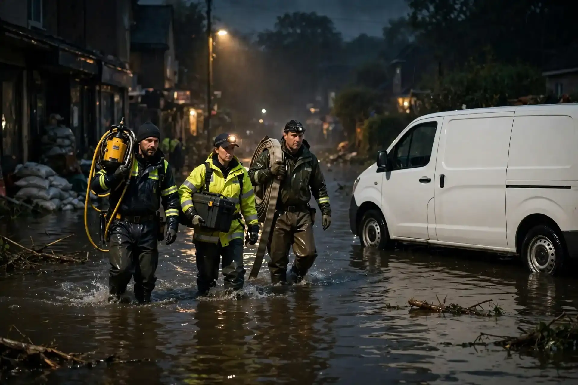 Rock Island water damage restoration: crew wading through floodwater at night