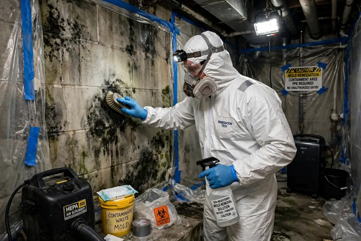 Justice water damage restoration: technician treating mold on a basement wall