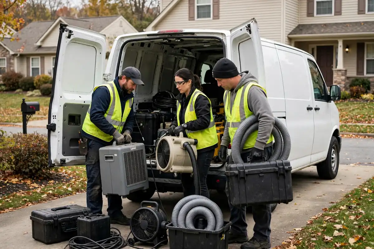 Lincoln water damage restoration: crew unloading restoration equipment from a van