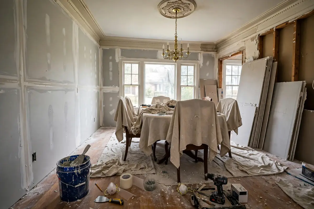 Itasca water damage restoration: dining room with drywall removed after water damage