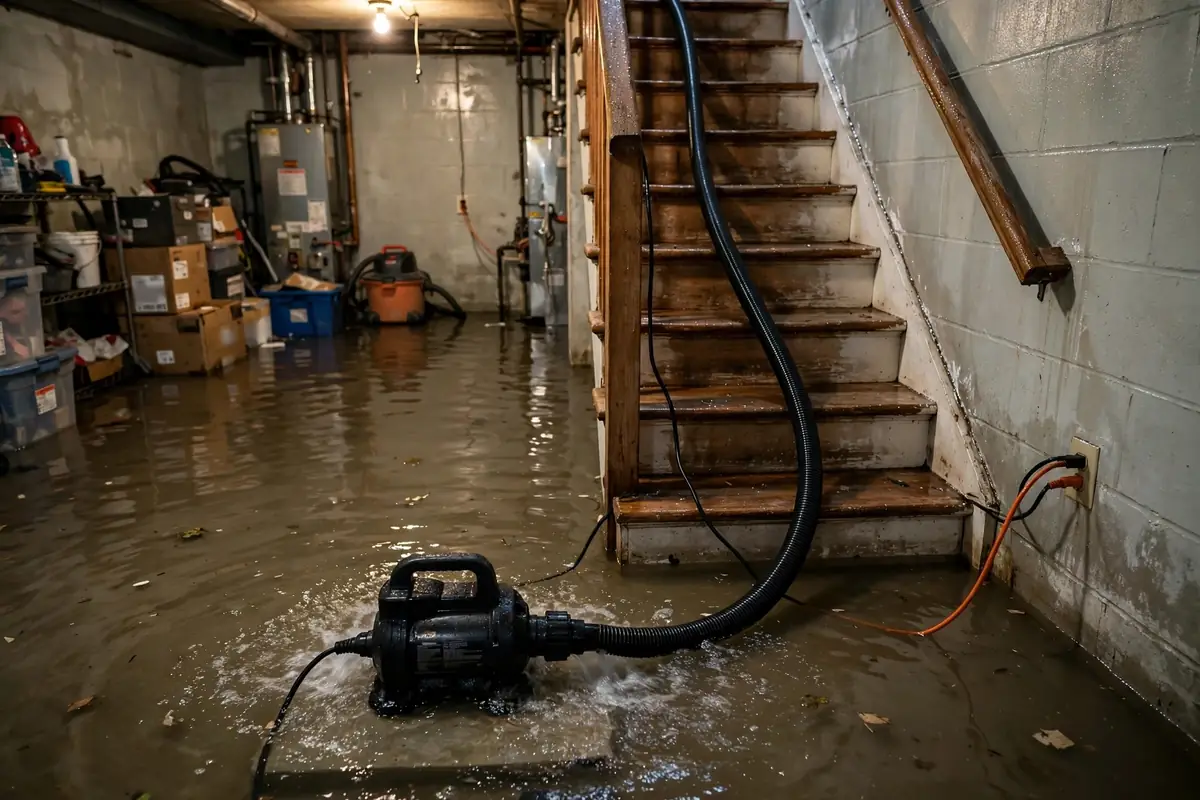 Bourbonnais water damage restoration: pump extracting water from a flooded basement