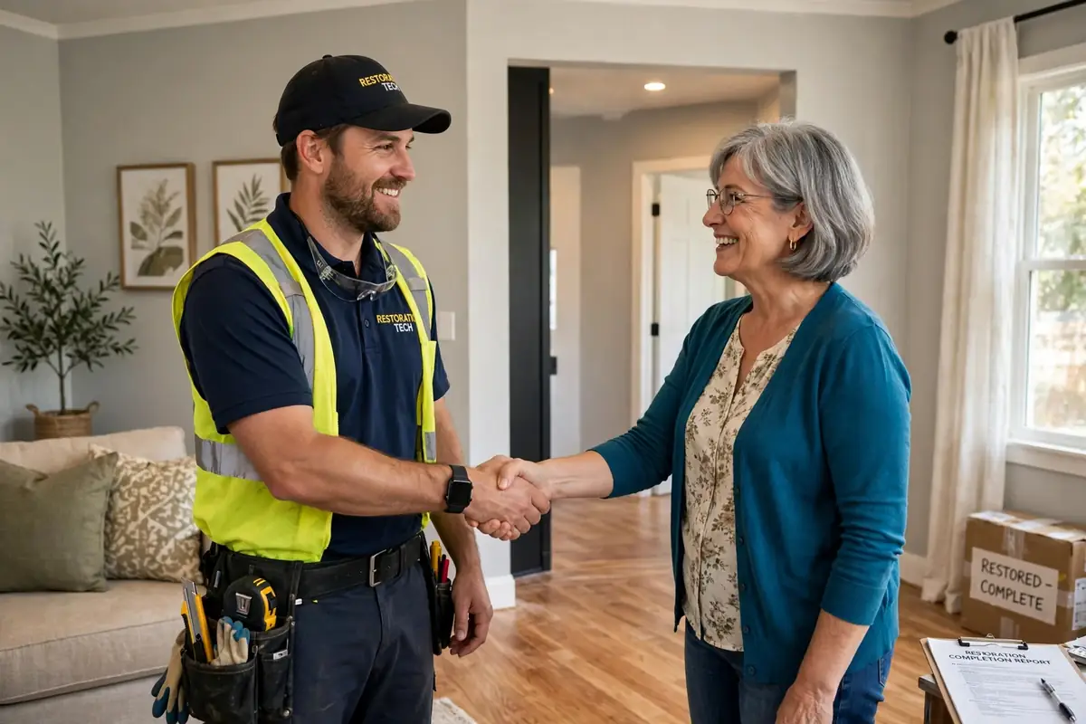 Edison Park, Chicago water damage restoration: technician shaking hands with a homeowner
