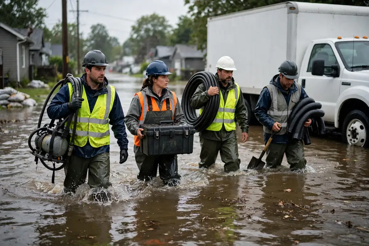 Frankfort water damage restoration: crew wading through floodwater with equipment
